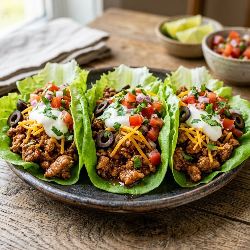 Healthy Turkey Taco Lettuce Wraps served with fresh toppings