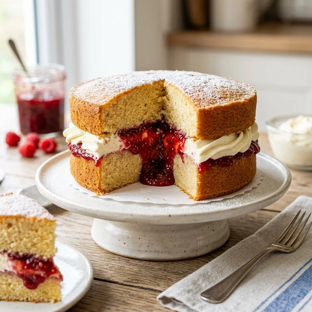 Delicious Victoria Sponge Cake with cream and jam filling