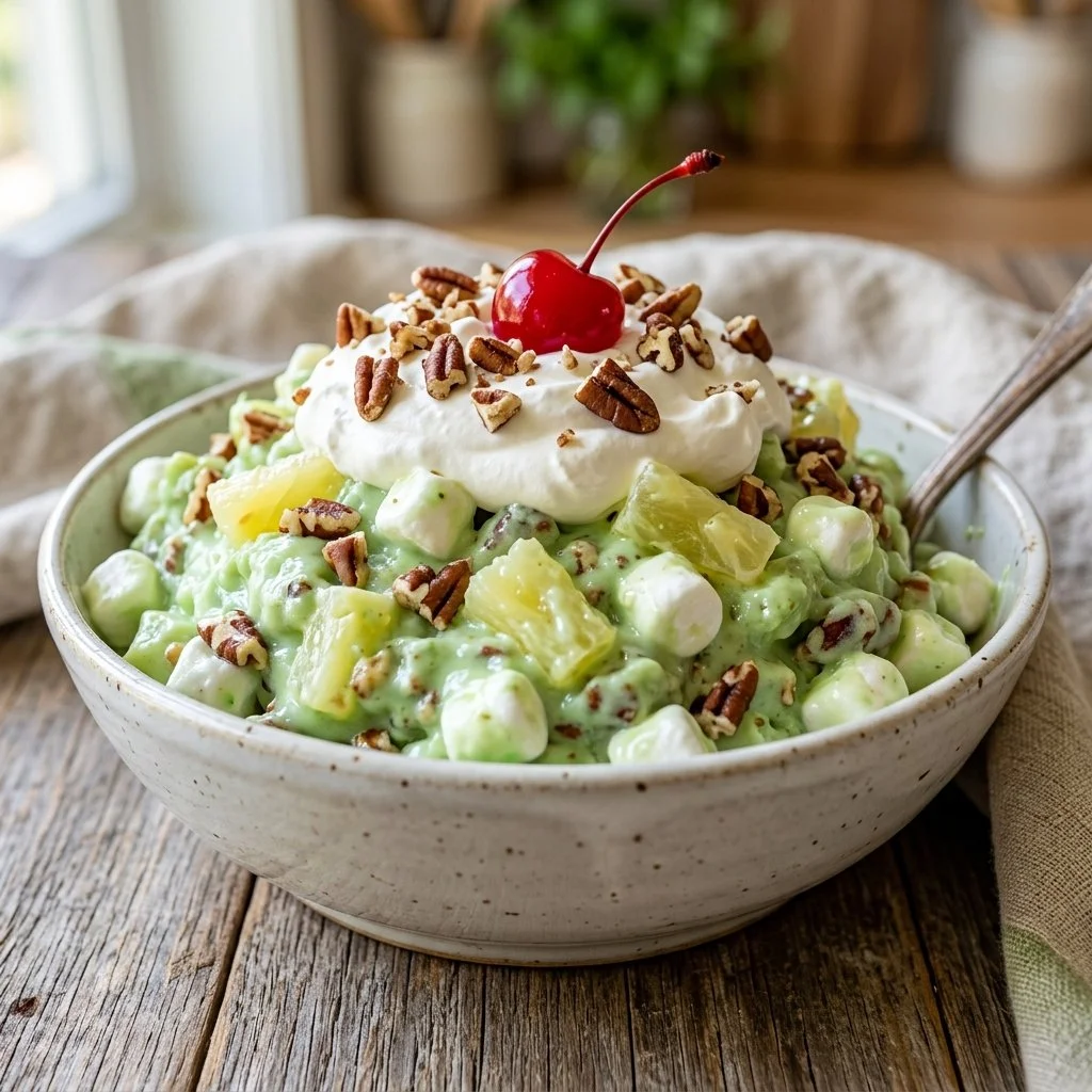 Delicious Watergate Salad with pistachio pudding and fruit toppings.