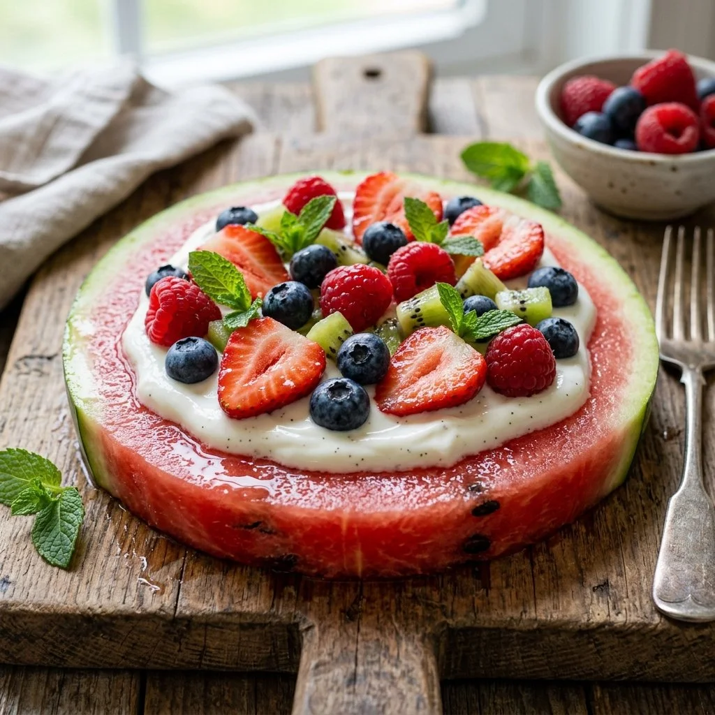Delicious watermelon pizza topped with fresh fruits and mint, perfect summer treat.