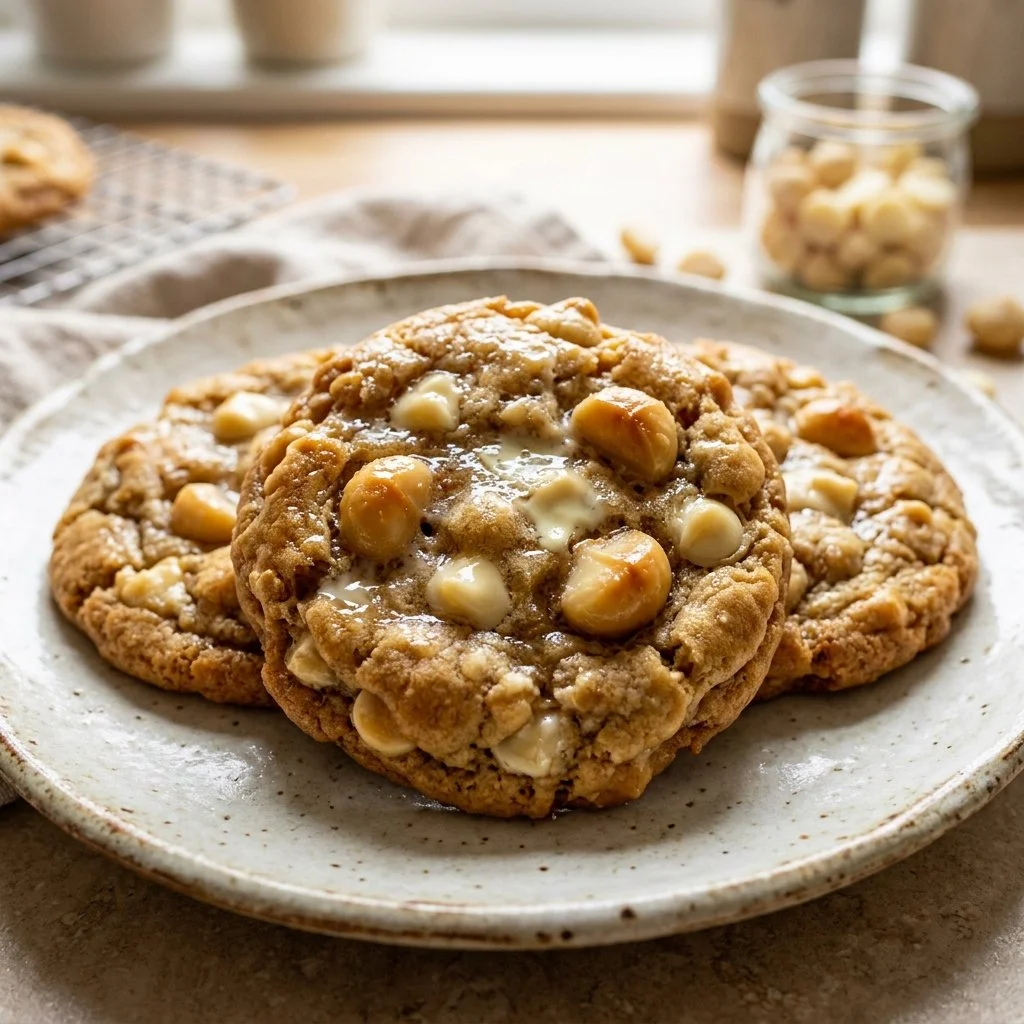 Delicious white chocolate macadamia nut cookies on a plate