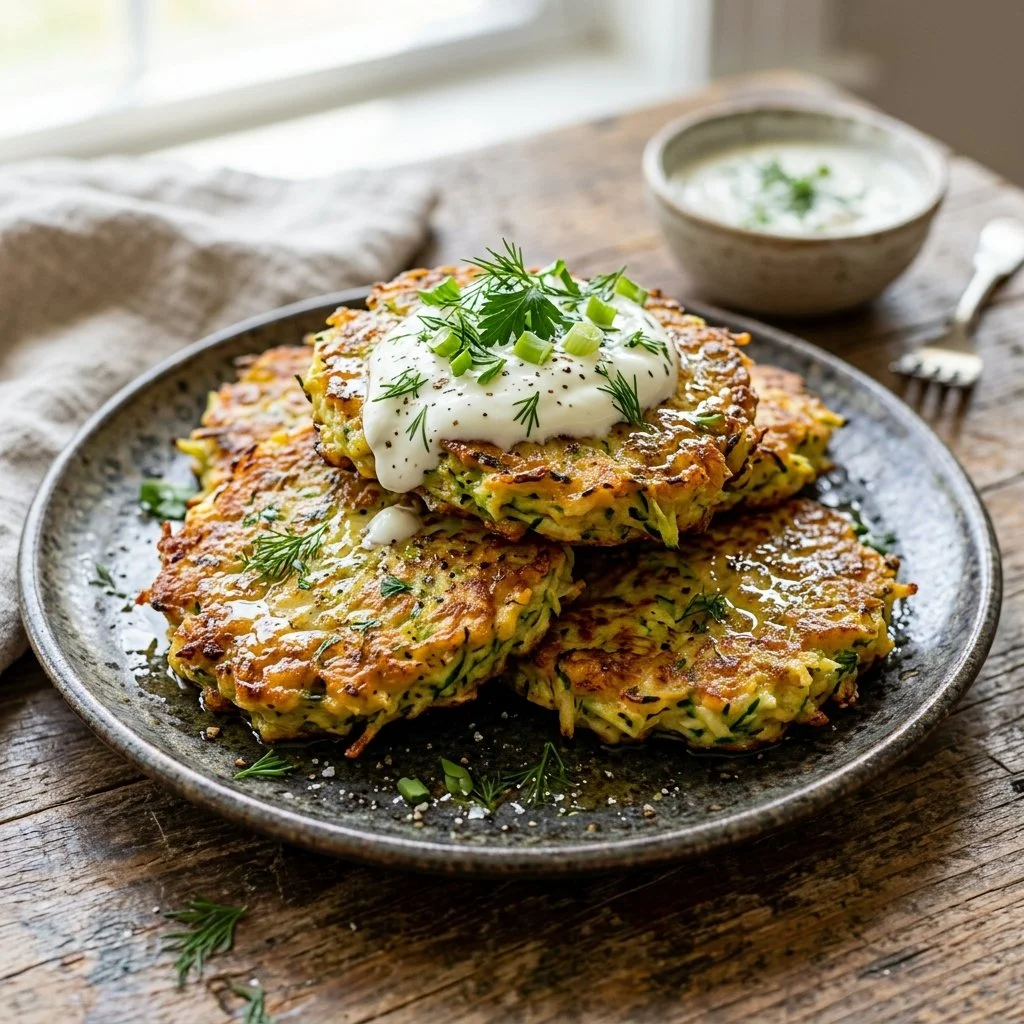 Crispy zucchini fritters served on a plate with dipping sauce